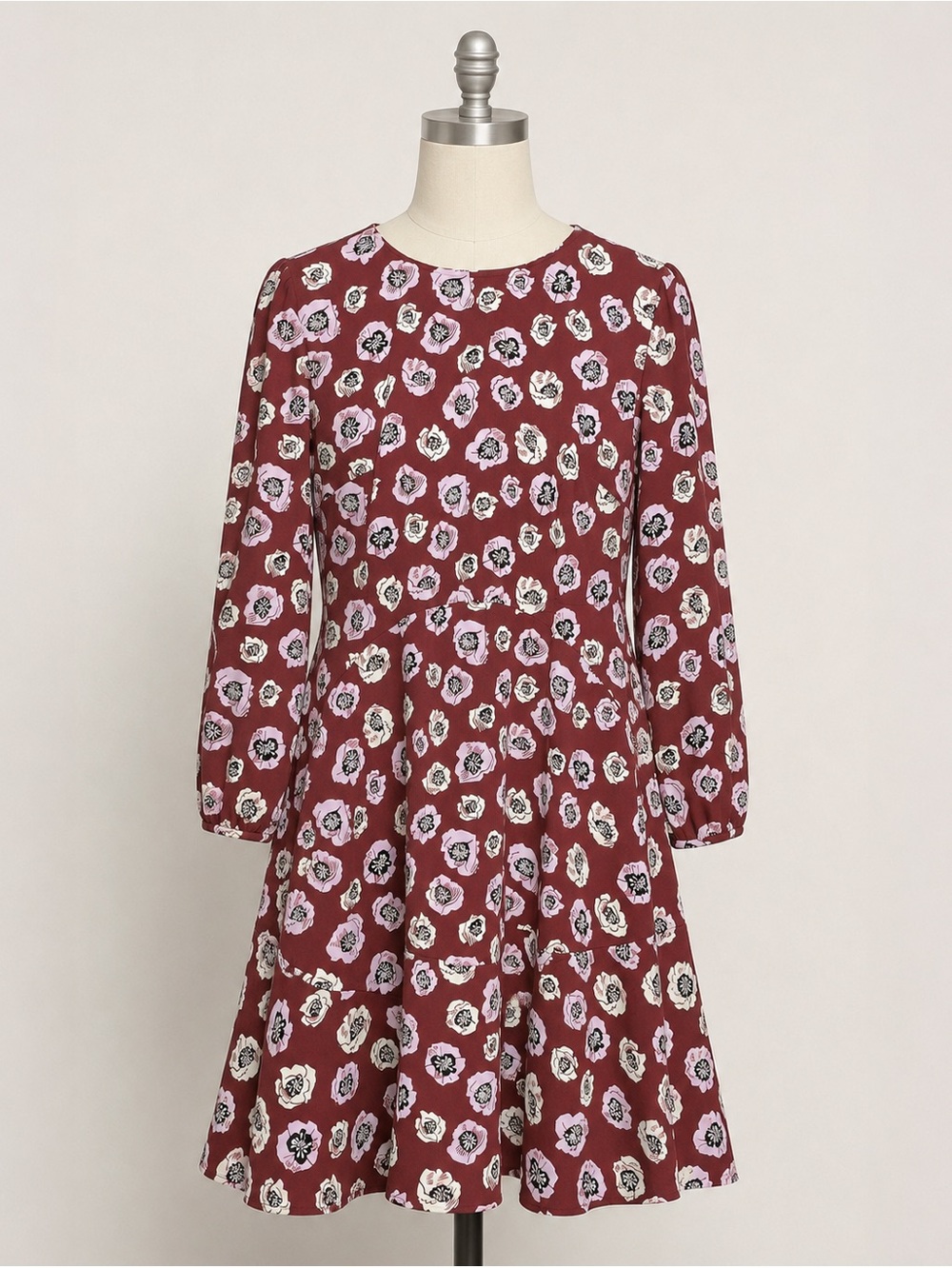 Loft Floral Long Sleeve Swing Dress - Burgundy Size 10